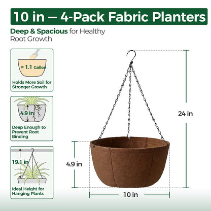 T4U Hanging Planters for Outdoor Plants, 10 Inch 4 Pack Fabric Hanging Baskets with Drainage Tray, Decorative Hanging Pots for Plants Outdoor Patio Porch Garden Use（Brown）