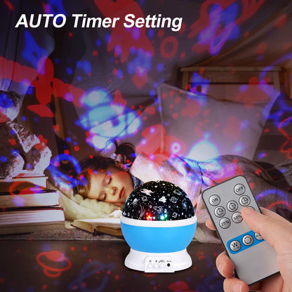Christmas Baby Night Lights with Remote Control,Moon Projector 360 Degree Rotation - 4 LED Bulbs 8 Color Changing Light, Romantic Night Lighting Blue