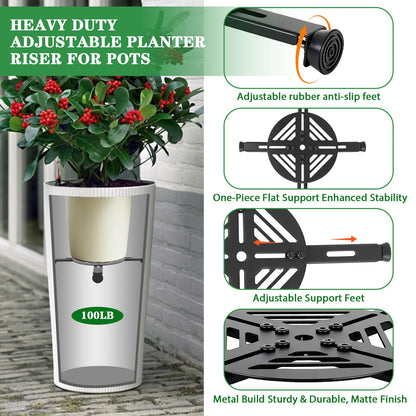 Adjustable Plant Risers for Inside Pots-100lb Heavy Duty Metal Plant Riser with Rubber Feet, Easy Assembly, Fits Round/Square/Tapered Pots, Indoor Outdoor Use (Adjustable Size Range:10-14"- 2Pack)