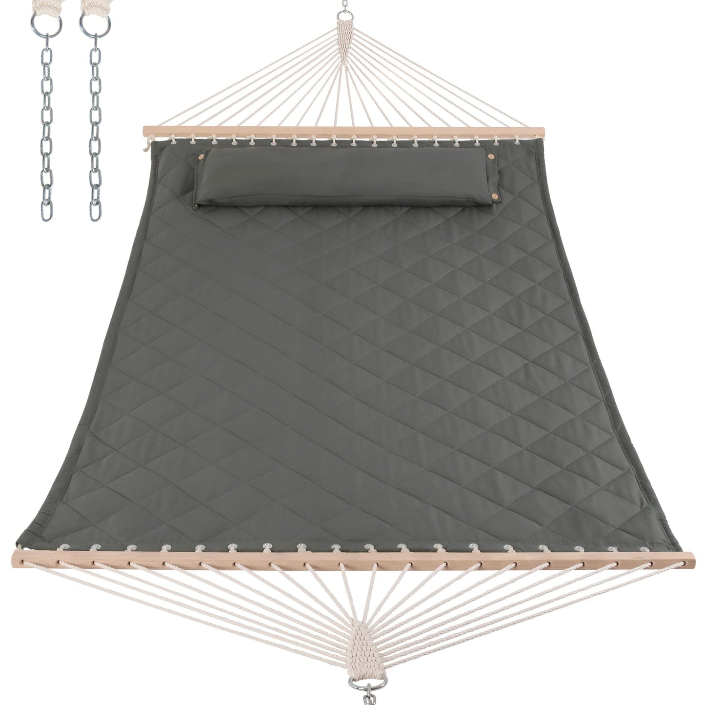 ANOW 2 Person Hammock with Spreader Bars and Detachable Pillow, Quilted Hammock for Outdoors Indoors, 450 LBS Weight Capacity, Gray