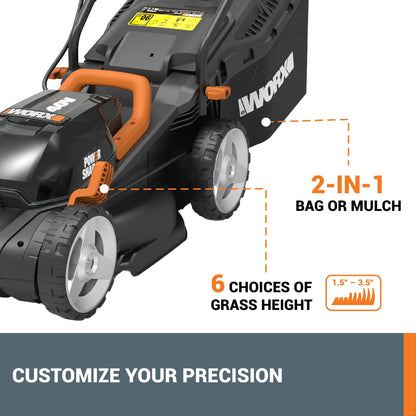 WORX 14" Cordless Lawn Mower, 2 in 1 Electric Mower Cuts Quietly, Compact & Lightweight Push Lawn Mower with 6-Position Height Adjustment for Small Yards, 2 Batteries & Charger Included, WG779
