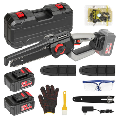 8 Inch Mini Chainsaw Cordless, 1150W 5000RPM Brushless Handheld Electric Chain Saw with Chain Guide Plate 2x3.0A Batteries and Other 6 Accessories, for Tree Branch Wood Cutting, Garden Tools Gift
