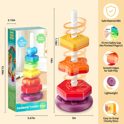 Baby Spinning Stacking Toys for Toddlers 1-3, Sensory Montessori Toys for One Year Old Girl Boy, Rainbow Ring Stacker Tower, Educational Learning Toy, Perfect Easter Christmas Birthday Gifts