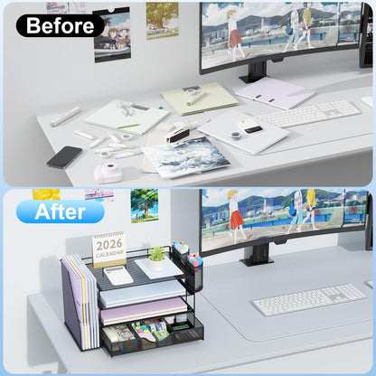 gianotter Desk Organizers and Accessories with File Holder, 4-Tier Desk Accessories & Workspace Organizers with Drawer and 2 Pen Holder, Paper Organizer for Office Supplies (Black)