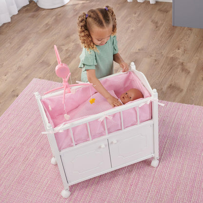 Badger Basket Wooden Toy Doll Bed with Storage, Mobile, and Bedding to Pretend and Play - Includes Wheels and Free Personalization Kit - White with Pink Gingham Fabric