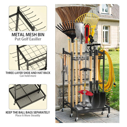 Garden Tool Organizer Rack with Wheels Up to 30-35 Tools, Heavy-Duty Steel Yard Tool Organizer for Garage Storage with 11 Hooks, Broom Holder & Garden Tool Rack for Shed, Patio, Lawn, Outdoor, Black