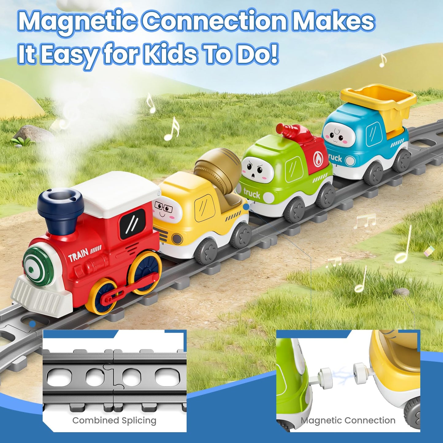 Dimoarch Electric Train Set for Toddlers with Sound & Lights, Magnetic Connection Train Toys with Tracks & Road Signs, Christmas Birthday Gift for 3 4 5 6 Year Old Boys Girls