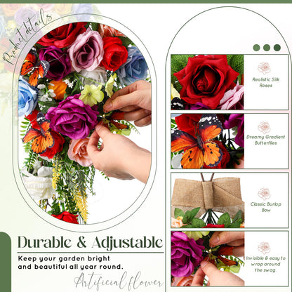Norme 2 Pack Spring Teardrop Swag Pre-Lit, 23.6" Artificial Rose Teardrop Wreath for Front Door with Burlap Bow Butterflies for Porch Wall Window Stair