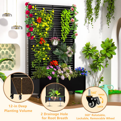 MTART Metal Planter Box with Trellis, 72.1"x47.2"x16" Outdoor Galvanized Raised Garden Bed with Privacy Screen & Drainage Holes & Lockable Casters for Climbing Plants, Vegetable (Louvered-Black1)