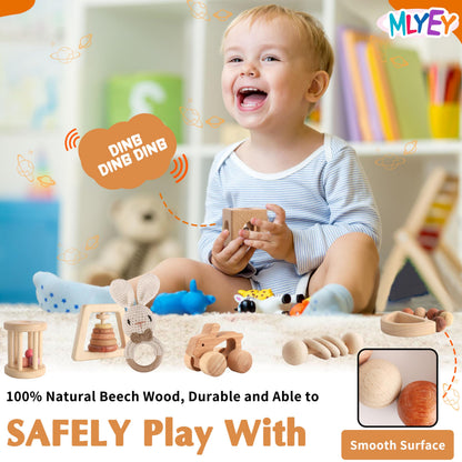 Wooden Toys for Babies, 7PCS Wooden Baby Rattle for 7-24 Months Boys Girls, Natural Wood Montessori Toys Set with Crochet Rabbit Rattle for Infant Grasping, Gift for Baby