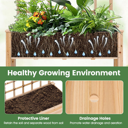 COSTWAY Wooden Raised Garden Bed with Trellis, Mobile Elevated Planter on Wheels, 285 lbs Capacity with Liner & Drainage Holes, Freestanding Outdoor Box for Climbing Plants, Vegetables, & Herbs