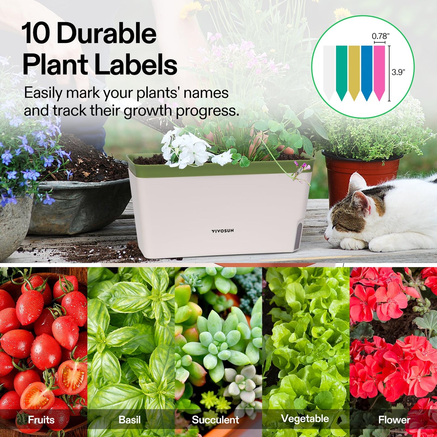 VIVOSUN Self-Watering Planters, 6-Pack 10.5 Inch Compact Rectangular Window Herb Planter Box with 10 PCS Plant Labels, Plant Container for Basil, Flowers, Succulents, Indoor & Outdoor