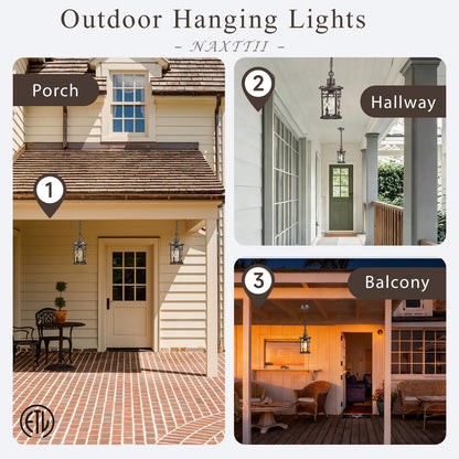 NAXTTII Outdoor Hanging Lantern Light Dusk to Dawn Hanging Porch Light Anti-Rust Aluminum Outdoor Chandelier for Front Door Gazebo E26 Socket Oil Rubbed Bronze Finish