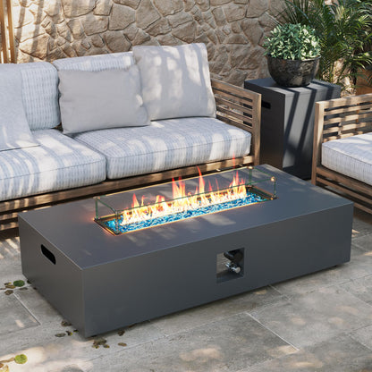 UPHA 56-inch Outdoor Propane Gas Fire Pit Table 50000 BTU Iron Rectangle Firepit for Outside Patio with Tank Hidden Table, Wind Guard, Removable Lid, Blue Glass Rocks, Rain Cover, Grey
