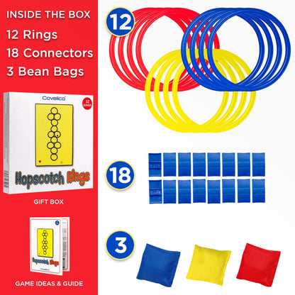 Covelico Kids Exercise Cards & Hopscotch Rings – 12 Rings + 3 Beanbags & 52 Activity Cards, Recess Toys, PE Equipment, Obstacle Course for Kids 3–5, Indoor & Outdoor