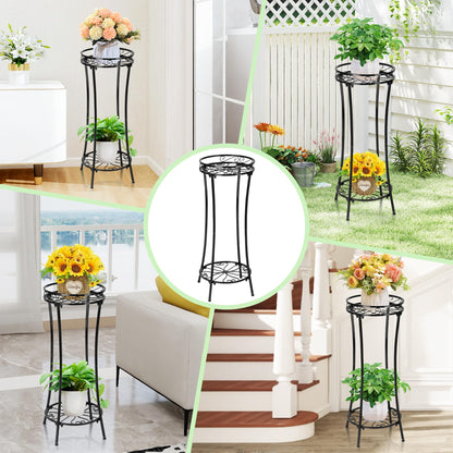 Plant Stand Indoor Outdoor 2 Tier 29" Tall Metal Heavy Duty Rustproof Plant Shelf, Round Multi Tier Flower Pot Holder for Garden Patio Balcony Black set of 2
