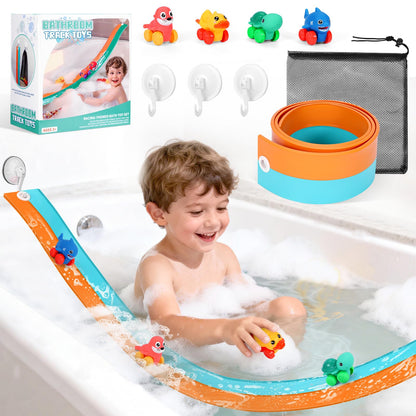 Race Car Bath Toys, Toddler Bathub Toy Set, 5 Ft Flexible Bath Race Track for Kids Ages 3+ , Cars Toy Gift for Baby Boys &Girls, Portable Rolls Up Race Tracks with 1 Mesh Storage Bag & 3 Suction Cup