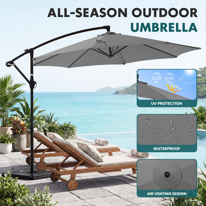 OLIXIS 9.8FT Offset Patio Umbrella with Base, Cantilever Table Umbrellas for Outdoor Sun Shade UV Protection with Easy Tilt Adjustment, 8 Ribs for Backyard, Lawn, Garden, Pool