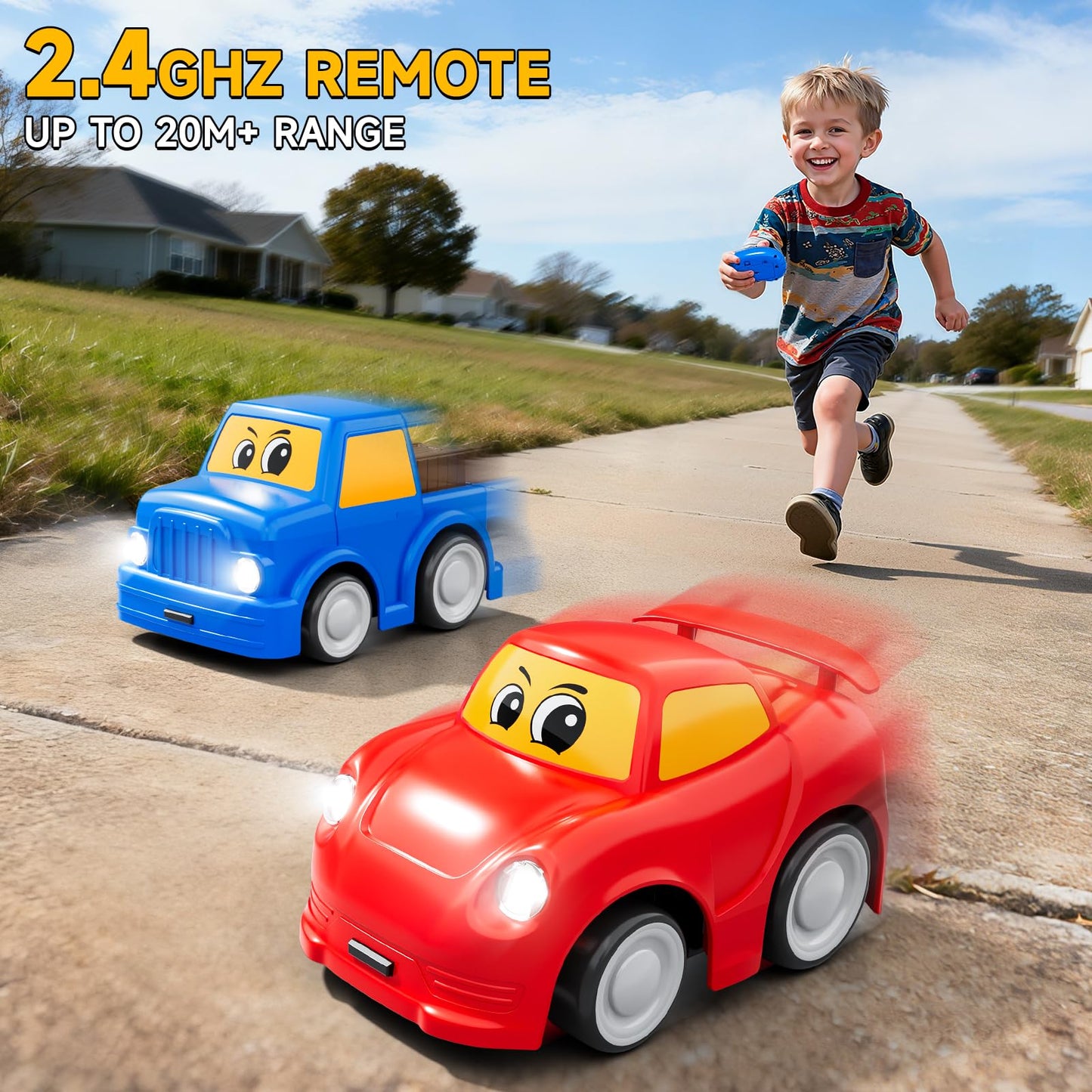 DULONIME Remote Control Car 2 Year Old, Toddler RC Cars Ages 2-4 Boy, 2-Pack 2.4 GHz Truck and Race Car with Sound and Light, Easy Electrical Remote Control Toy Gifts for Boys Girls 3 4 5+ Year Old