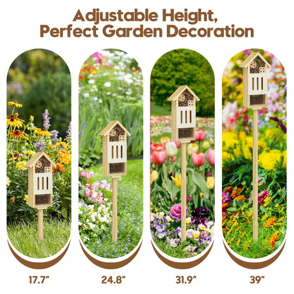 Bee House Bug Hotel & Butterfly House with Stake, Handcrafted Wooden Ladybug Hotel, Natural Insect Habitat for Garden, Patio, or Yard, Attracts Pollinators, 10.4 x 5.5 x 3.2 Inches,25 inches Stake