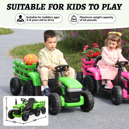TOBBI Kids Electric Ride On Toy Tractor, Toddlers 12V Battery-Powered Car to Drive, 35W Dual Motor 6-Wheels Trailer Vehicle with 3-Speeds/LED & Horn Functions for Chirdren Aged 3-8-Pink