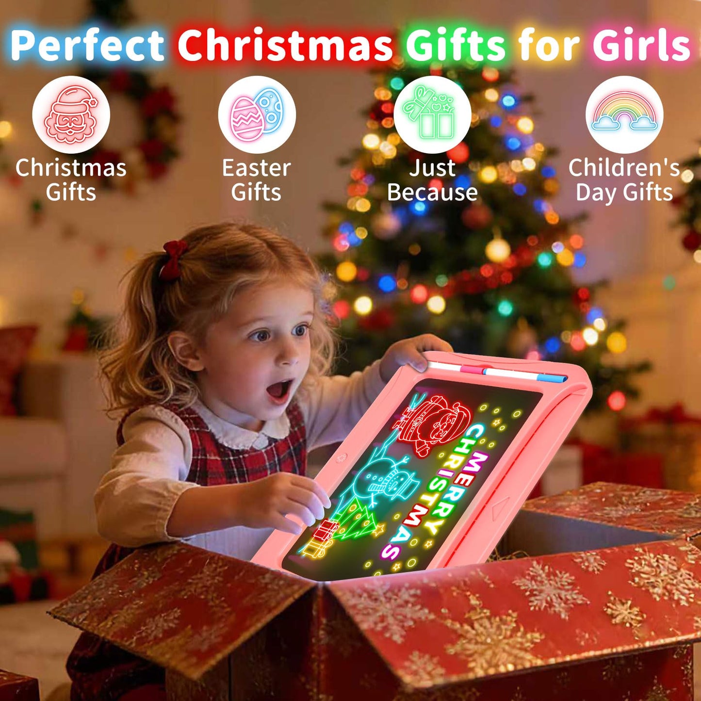 Magic LED Drawing Board for Kids, Girl Toys for Ages 5-7, Christmas Birthday Gifts, Light Up Tracing Pad, 9 Double-Sided Cards, 6 Markers, Neon Effect Doodle Writing Tablet, Arts Crafts Learning Toy