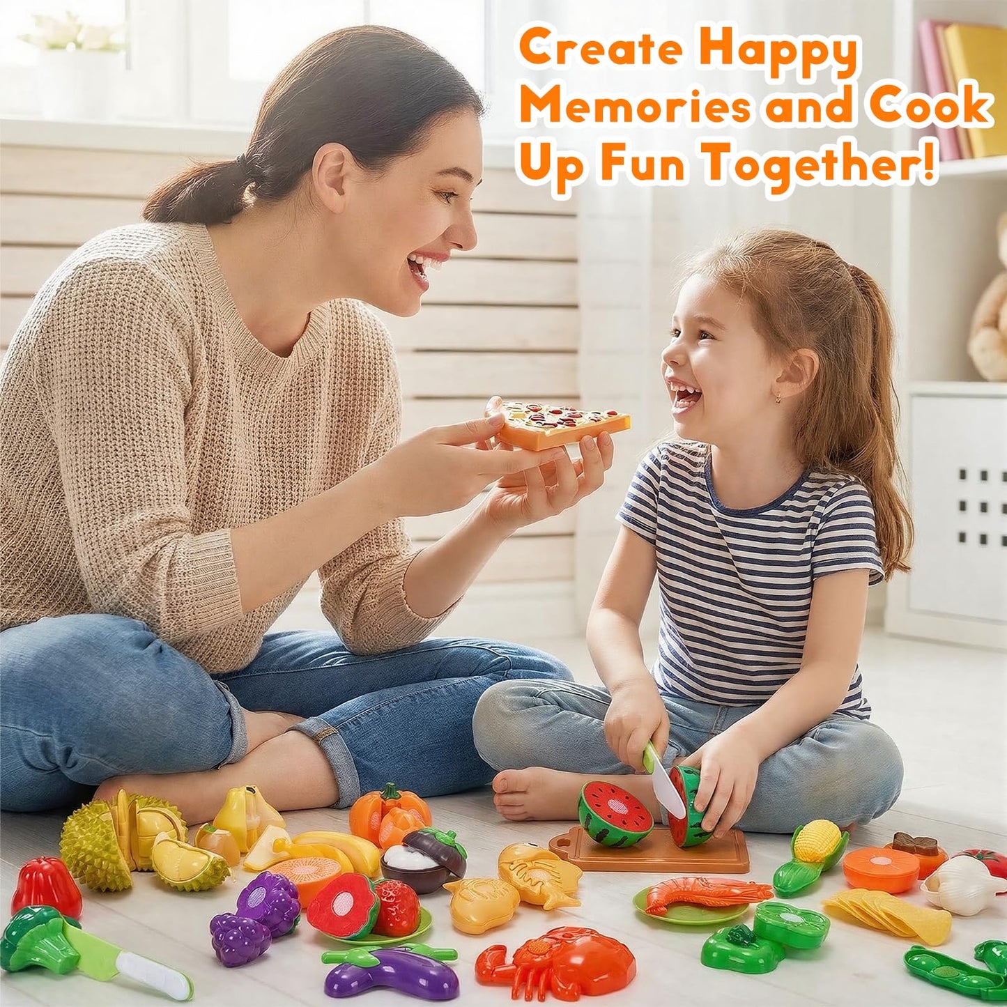 Cutting Play Food Toys, 200 Pieces Pretend Play Kitchen Accessories, Fake Fruits/Vegetables Cards, Play Money, 2 Shopping Storage Baskets, Birthday Gift, Educational Toy for Toddler Children