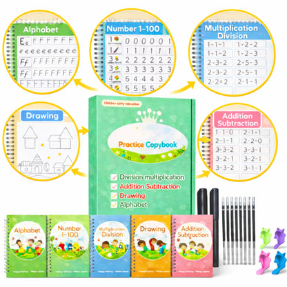 Creative Steps Magic Grooved Writing Practice Books for Kids Ages 3-5 - Reusable Handwriting Workbook Set with 5 Tracing Books, 2 Pens & 10 Refills - Alphabet Numbers Math Drawing Learning Toys for Preschool Toddlers
