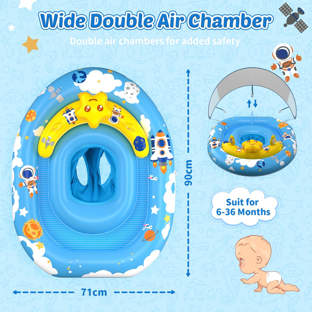 Baby Pool Float with Canopy UPF50+ Sun Protection, Baby Swimming Float with Toy Play Console, Toddler Pool Floats with Adjustable Safety Seat for Kids Infant Todder Girls Boys Aged 6-36 Months (Blue)