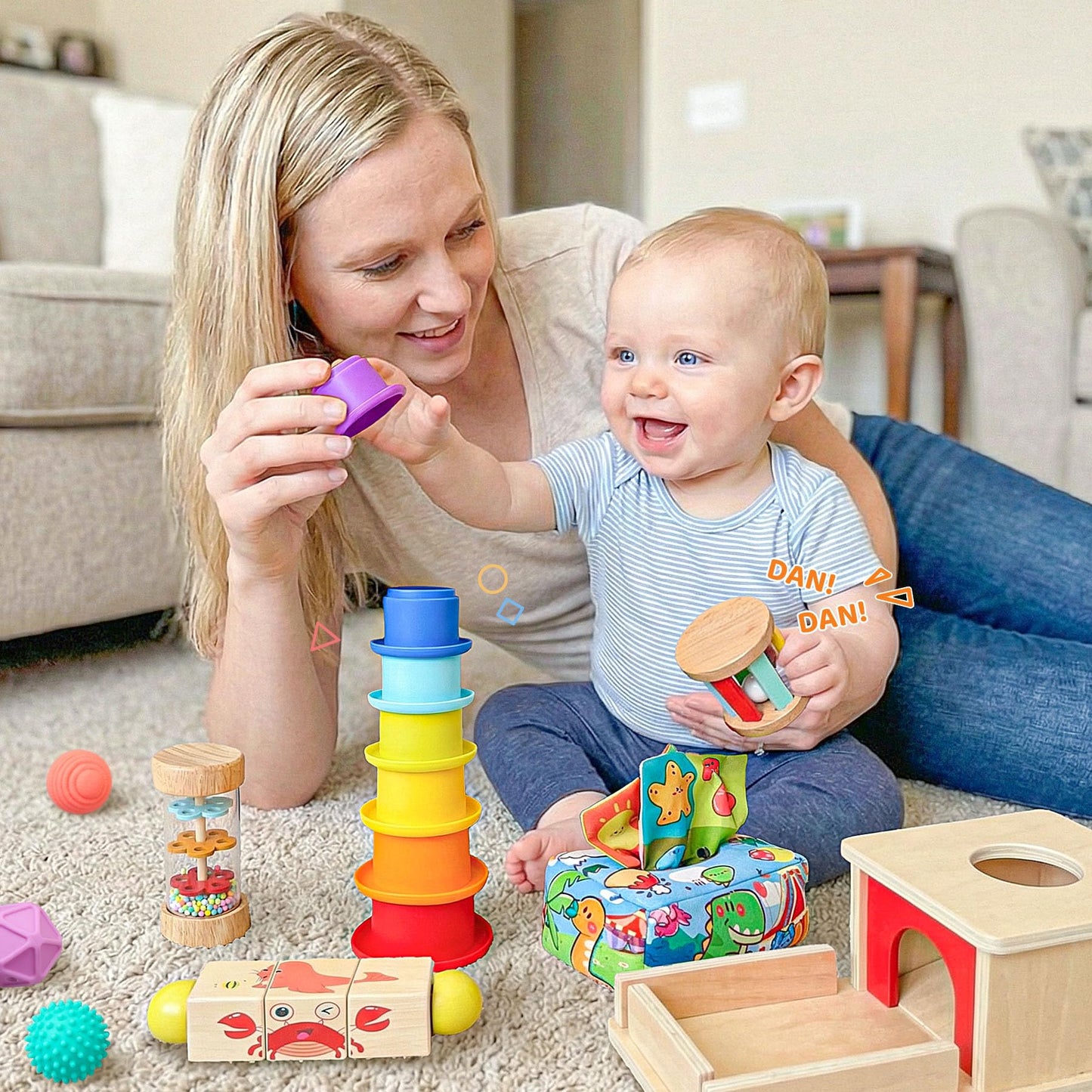 Montessori Toys for Babies 6-12 Months,1 Year Old,8 in 1 Baby Sensory Toy for 12-18 Months Toddler,Wooden Educational Development Toys with Soft Stacking Cup&Sensory Ball&Tissue Box