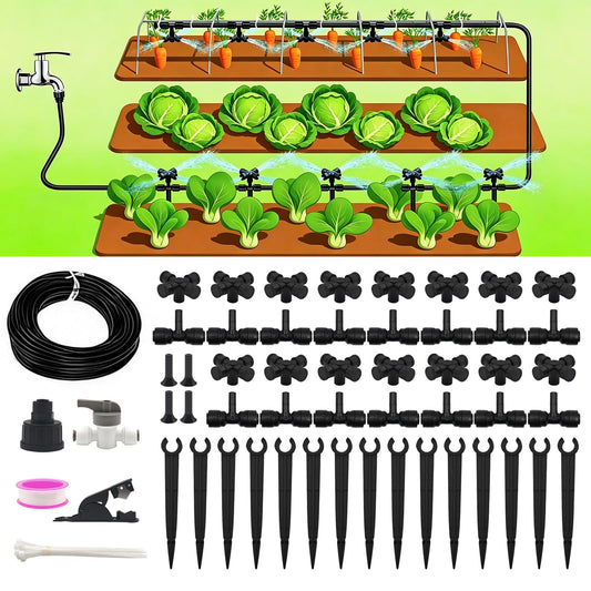 50FT Drip Irrigation System Kit Automatic Garden Watering System with 1/4" Drip Tubing & Quick Connect Fittings Adjustable Mist and Linear Columnar Modes for Greenhouse, Raised Garden Beds, Lawn, Yard