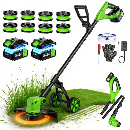 14" Electric String Trimmer Cordless Battery Powered Weed Eater with Wheel, 3-in-1 Cordless Grass Trimmer/Electric Weed Wacker/Edger, Weed Trimmer with 8 Replacement Spools for Garden, Lawn (Green)