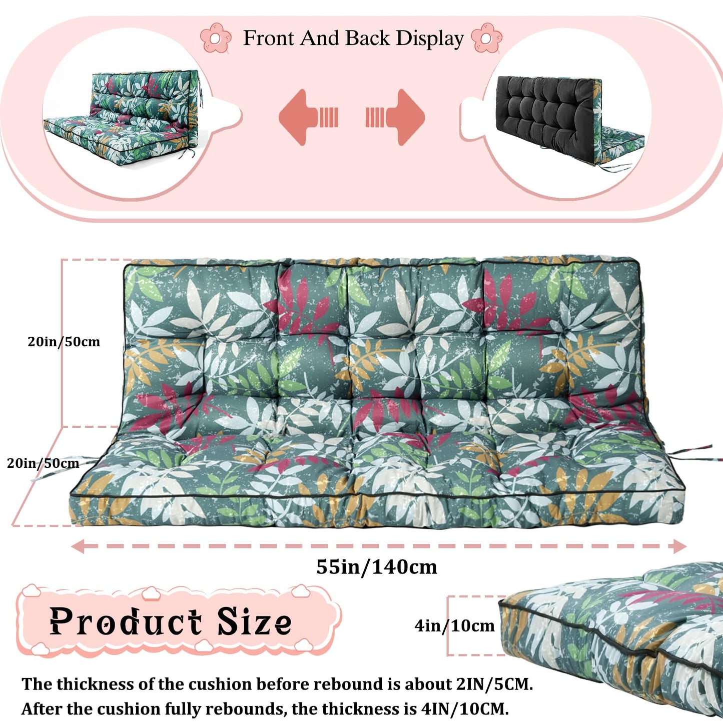 2-3 Seat Swing Replacement Cushion, Outdoor Bench Cushions with Backrest Thicken 4", Patio Furniture Garden Porch Loveseat Glider Pad Anti-Fading Waterproof (Green Flower, 40x55in)