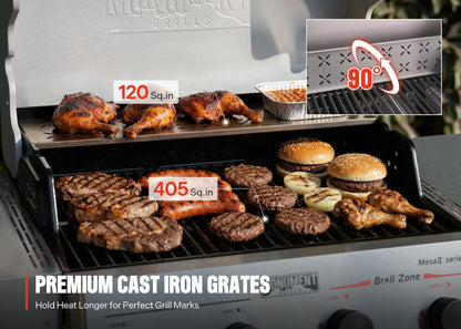 Monument Grills 4 Burner Propane Gas Grill with Advanced Broil Zone, Stainless Steel Outdoor Mesa 2 Barbecue Grill, Foldable Side Shelves, 500°F in 5 Mins, Assembles in 30 Minutes, Mesa II 410FBZ