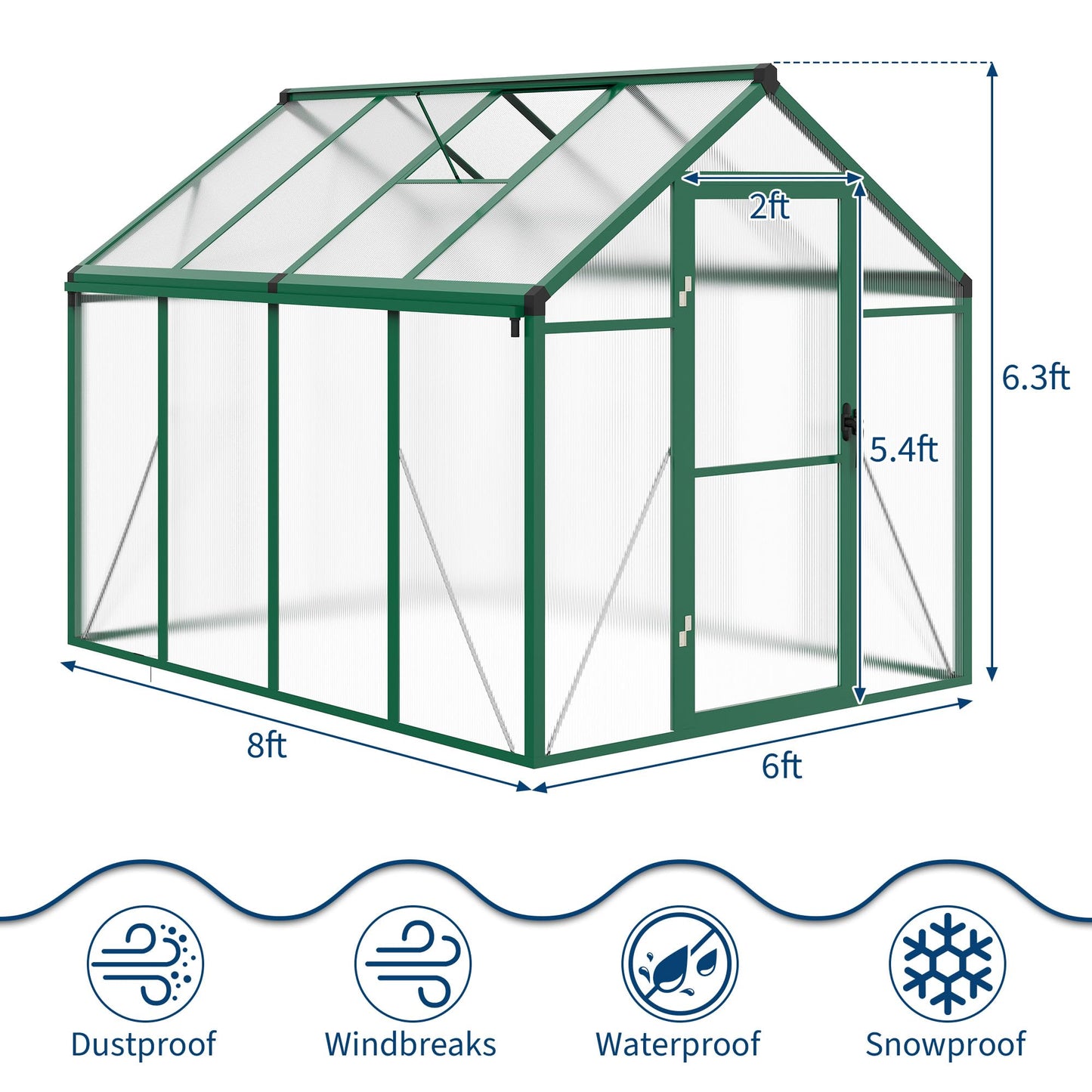 6X8Ft Polycarbonate Greenhouse Sunroom with Aluminum Frame, Outdoor Greenhouse for Vegetables Herbs Flowers, Lockable Door & Adjustable Roof Vent, Patio Backyard Greenhouse Kit for Gardening Green