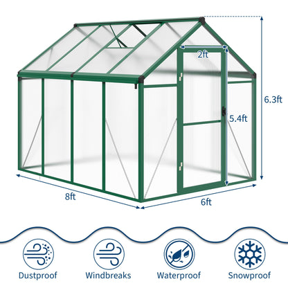 6X8Ft Polycarbonate Greenhouse Sunroom with Aluminum Frame, Outdoor Greenhouse for Vegetables Herbs Flowers, Lockable Door & Adjustable Roof Vent, Patio Backyard Greenhouse Kit for Gardening Green