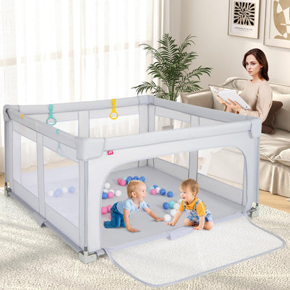 Costzon Foldable Playpen for Babies, 59''x59'' Portable Baby Play Pen with 50 PCS Ocean Balls, 4 Handles, Carry Bag, Visible Mesh, Kids Activity Center with Gates, Indoor & Outdoor Baby Gate Play Pen