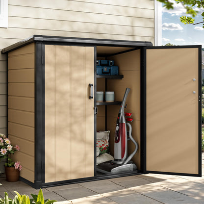 DWVO 54 cuft Outdoor Storage Shed with 2 Shelves, 4.2x2.6x5ft Vertical Tool Shed with Floor & Lockable Doors, Sturdy Double-Wall Plastic Cabinet for Garbage Cans and Garden Equipment (Brown)