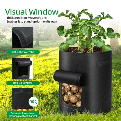 6 Pack Potato Grow Bags, 10 Gallon Planting Bags Large Fabric Pots with Flap Window Vegetable Planter Garden Pot Tall Potato Growing Containers with Handles for Vegetables, Fruits, Black + Grey