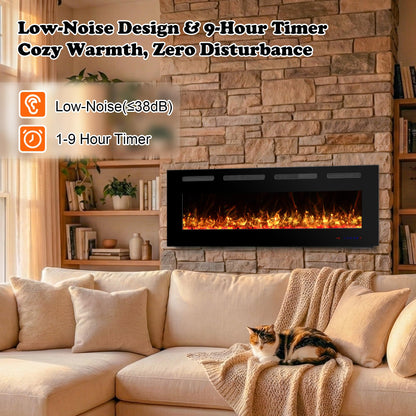 42 in Ultra Thin Electric Fireplace Insert with Remote Control 13 Flame&Flue Bed Colors, Overheat Protection and Thermostat, Low Noise Recessed&Wall Mounted Slim Fireplace Heater Chiminea with Dimmer
