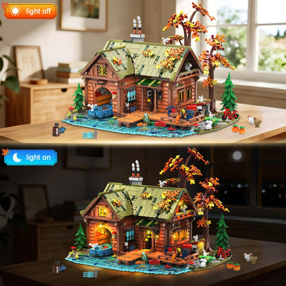 INSOON Overwater Cabin Mini Building Set with Light, 2423 PCS Wooden Forest House Building Block Toy with Boat Bike Animals, Home Decor Treehouse Construction Model Kit for Adults Teens Boys Girls 12+