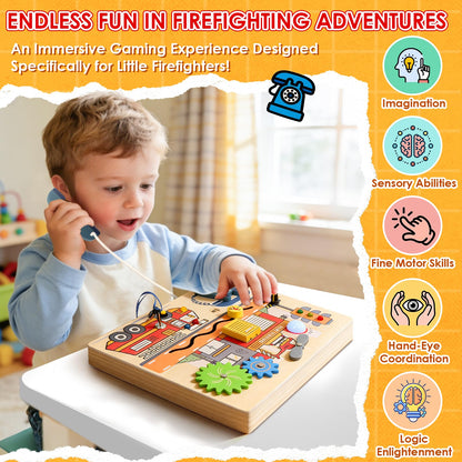 Wdmiya Montessori Busy Board for Toddlers 2-4, Fire Truck Activity Board with LED Lights & Sounds, Wooden Sensory Learning Toy with Rotary Phone, Helicopter & Gears, for 2 3 4 Year Old Boys Girls Gift