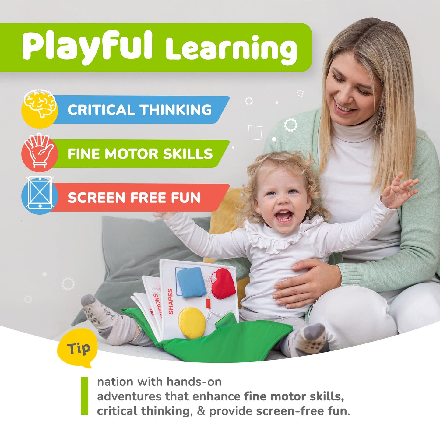 deMoca Toddler Travel Toys for Airplane and Car Rides, Quiet Busy Book for Toddlers 1-3, Plane Toys for 1 Year Old, Montessori Activity Book with All Parts Attached, Screen