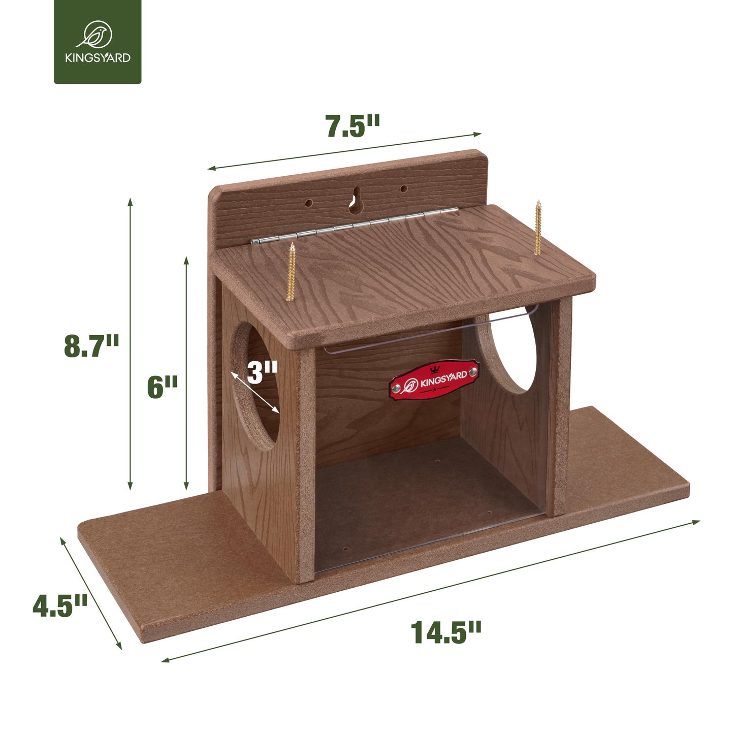 Kingsyard Squirrel Feeder Box for Outside, Recycled Plastic Squirrel Feeder Box with Corn Cob Holders, Easy to Refill & Clean, Weather-Proof (Brown)