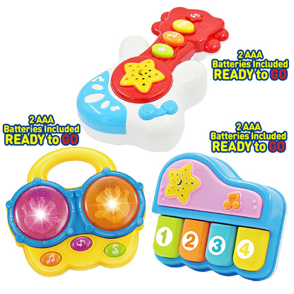WEofferwhatYOUwant Baby Musical Instrument Set – Piano, Bongo Drums & Guitar – Light-Up Projector Toys for Babies 6+ Months – Educational Multi-Instrument Bundle – Auto Off – Batteries Included