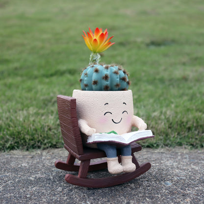 Dolkgy Cute Plant Pots Head Planters, Funny Rocking Chair Reading Book Planter Cactus Face Pot with Drainage Hole for Indoor Outdoor Plants, Unique Plant Lover Gifts