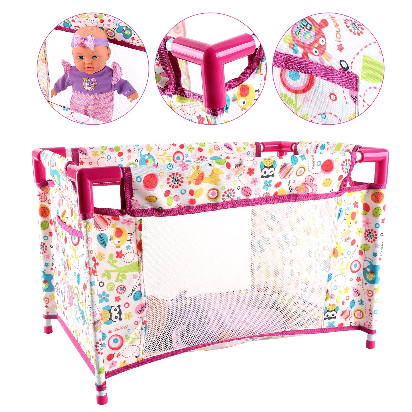 deAO Kids Baby Doll Stroller Nursery Role Play Set with a Variety of Feeding Toy and Play Mat Travel Cot Baby Carrier Stroller and Travel Bag