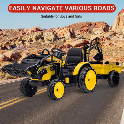 Garvee 4-in-1 Ride on Tractor, 24v Ride on Toys for Big Kids, Remote Control Excavator with Trailer, Shovel Bucket, Digger, Remote Control, EVA Tires, LED Light, Music, USB, Yellow