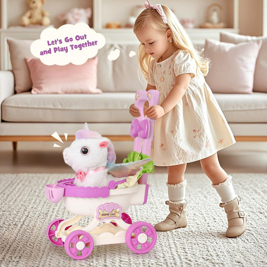 TUZT Girl Interactive Walking Unicorn Stroller Toy Set with Plush Electric Unicorn & Groom Care Accessories, Pretend Play Christmas Birthday Gift Toddler 3 4 5 6 Years, Unicorn Toys for Girls 4-6