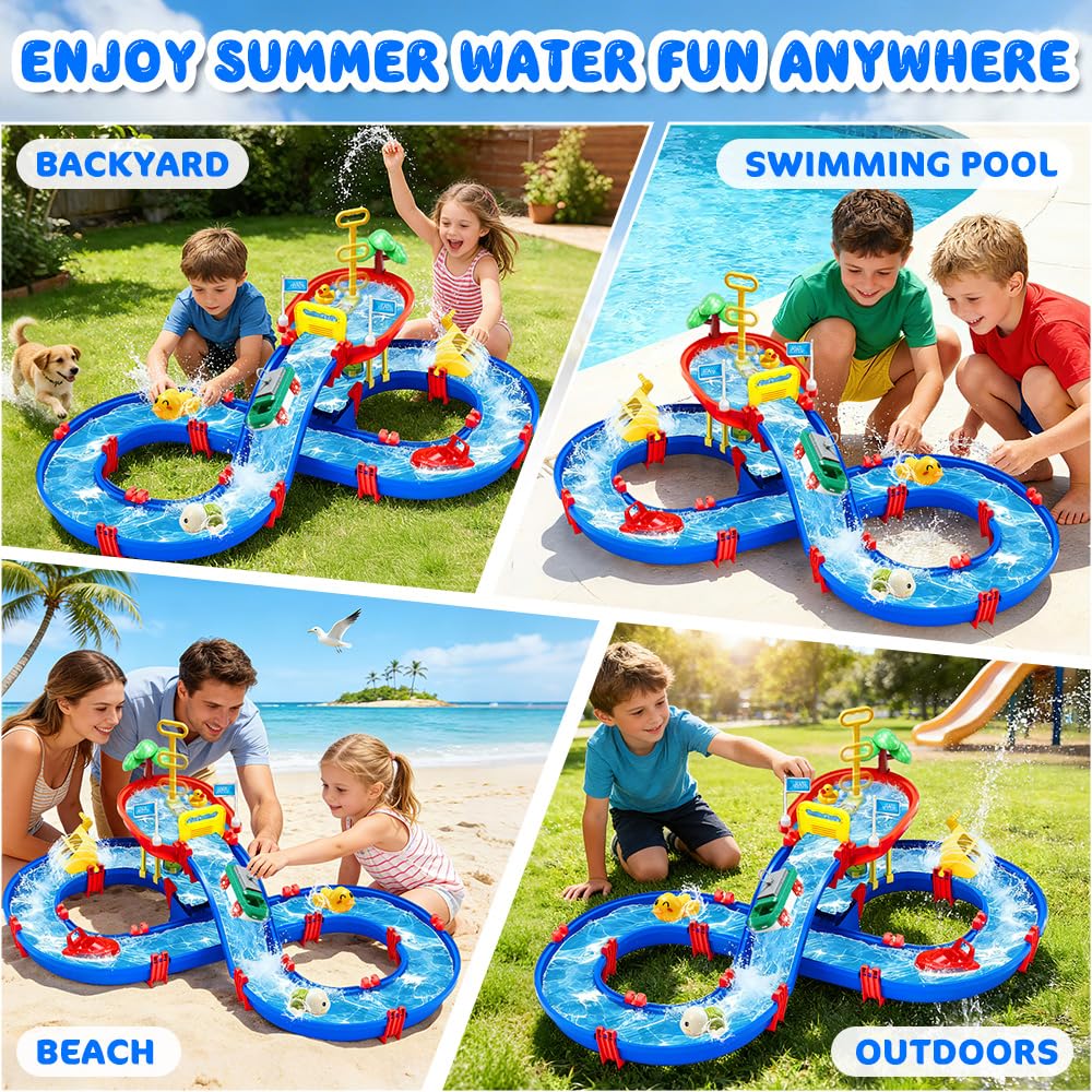 VATOS 2-Tier Outdoor Water Table Toys for Kids, 61PCS DIY Summer Waterways Playset with Pump, Toddler Water Park Toys for Pool Backyard Beach, Sensory Activity Fun Toy Gift for Boys Girls 3-5 4-8